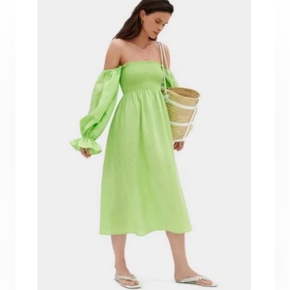 Sleeper Lime Green Off-Shoulder Midi Dress